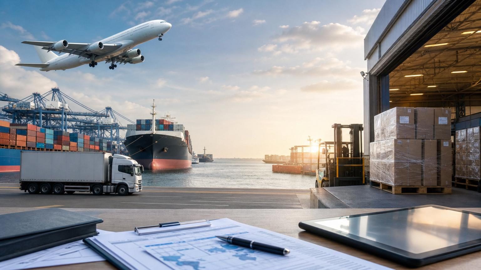 Cargo containers at a UK port with an airplane flying overhead