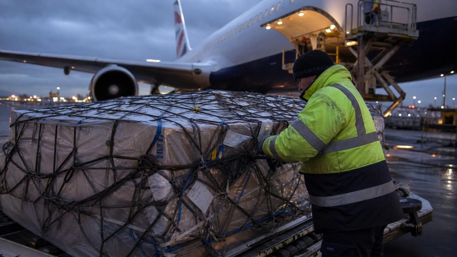 Cargo being loaded onto an aircraft at an airport for air freight shipment