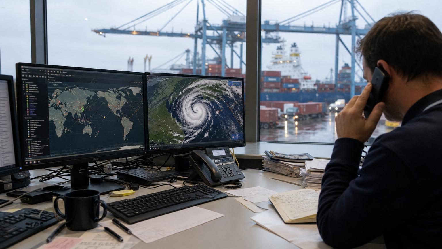 Cargo ship at port with containers and cranes under changing weather conditions