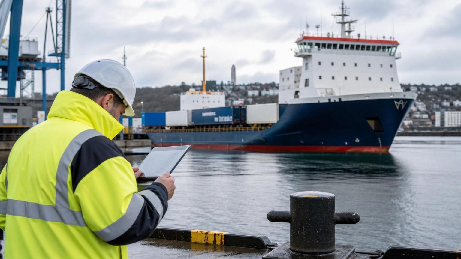 Cargo ship at UK port with emission monitoring equipment