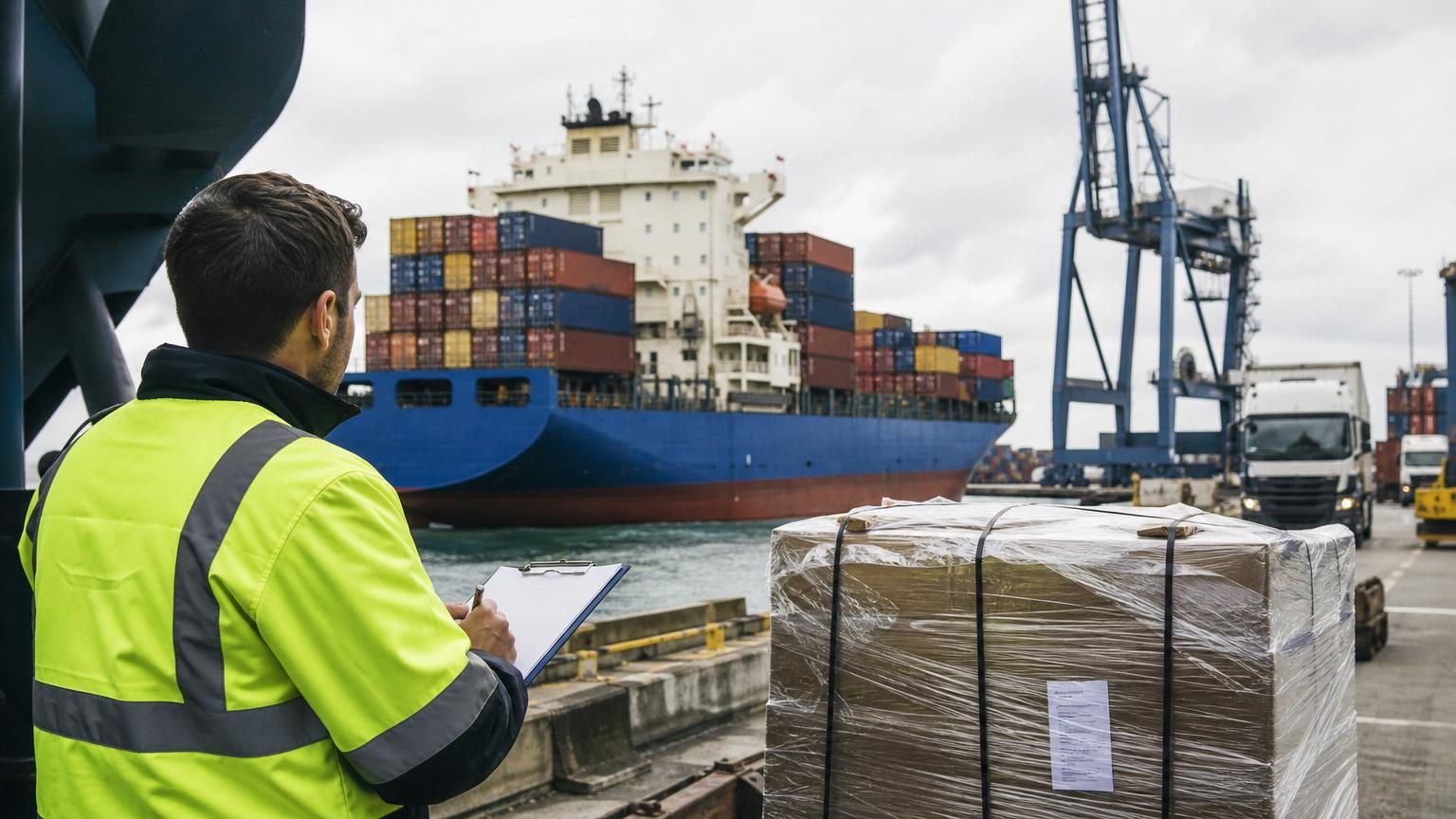 Cargo containers at a UK port ready for unloading