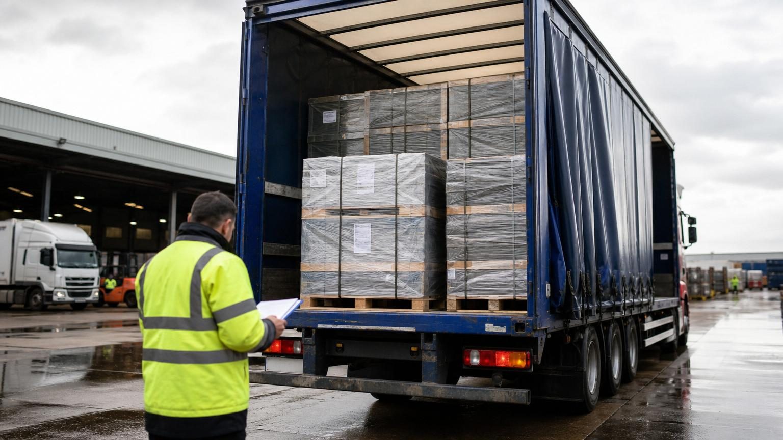 Cargo trucks on European highway transporting goods
