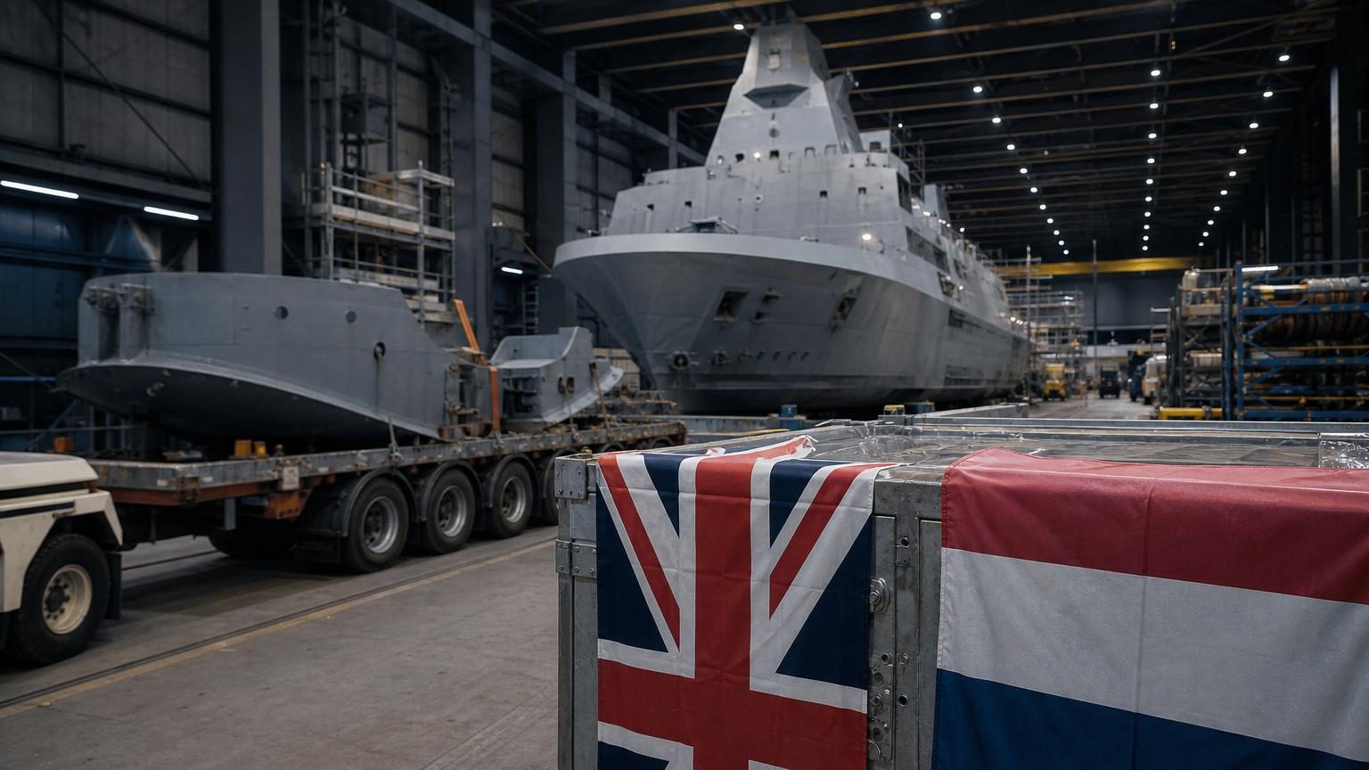 Two naval ships docked side by side representing UK-Netherlands maritime partnership