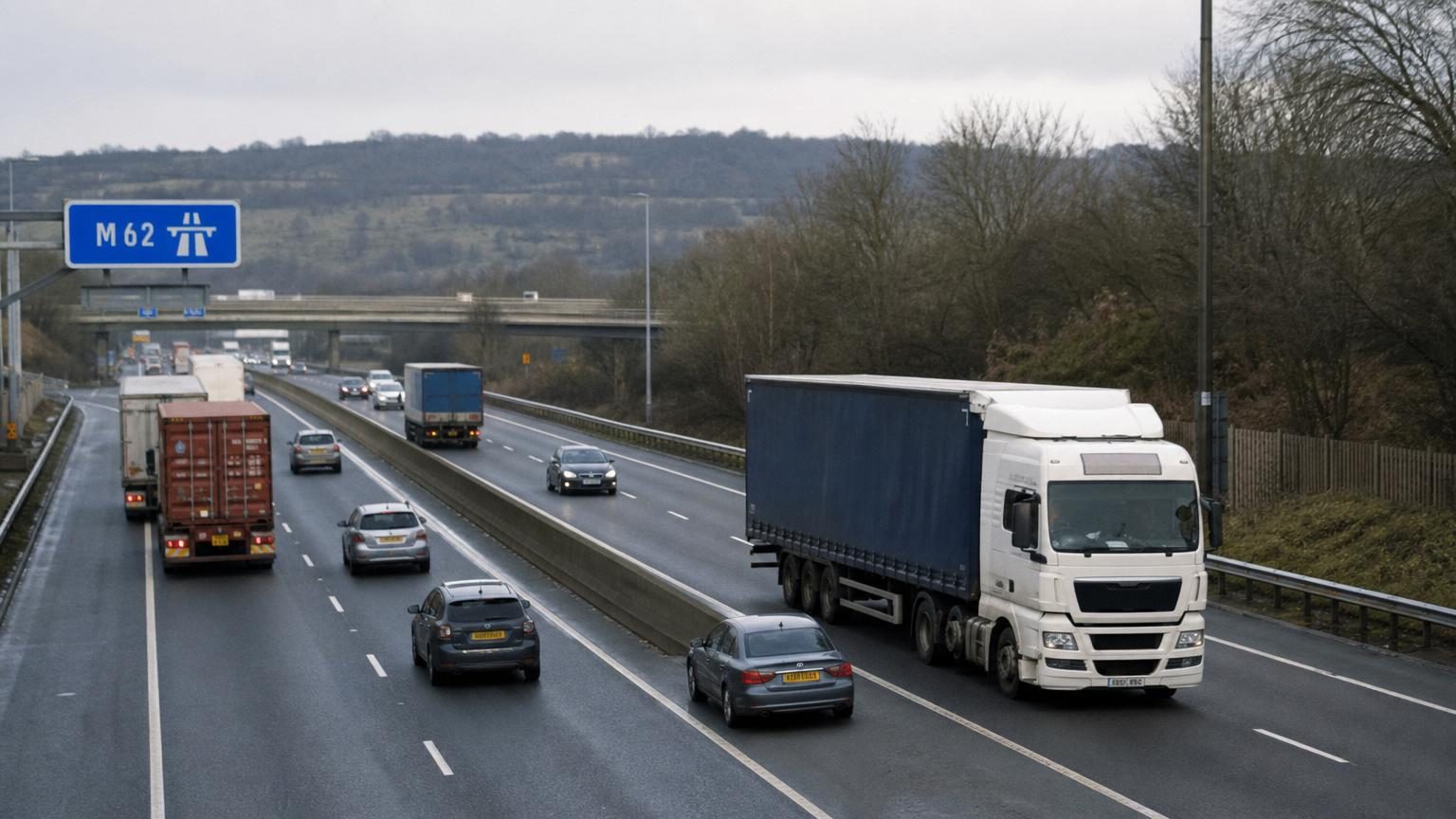 Freight trucks moving along a motorway near West Yorkshire on a clear day