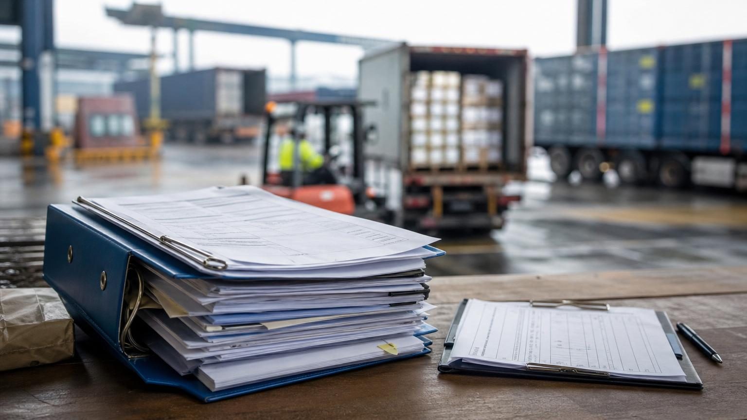 Checklist of import customs documents on clipboard with a pen