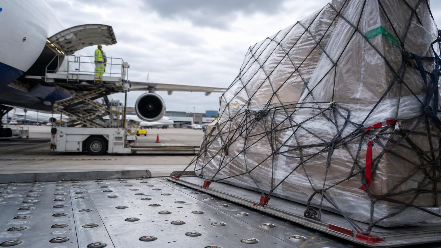 Cargo plane with air freight containers being loaded at airport