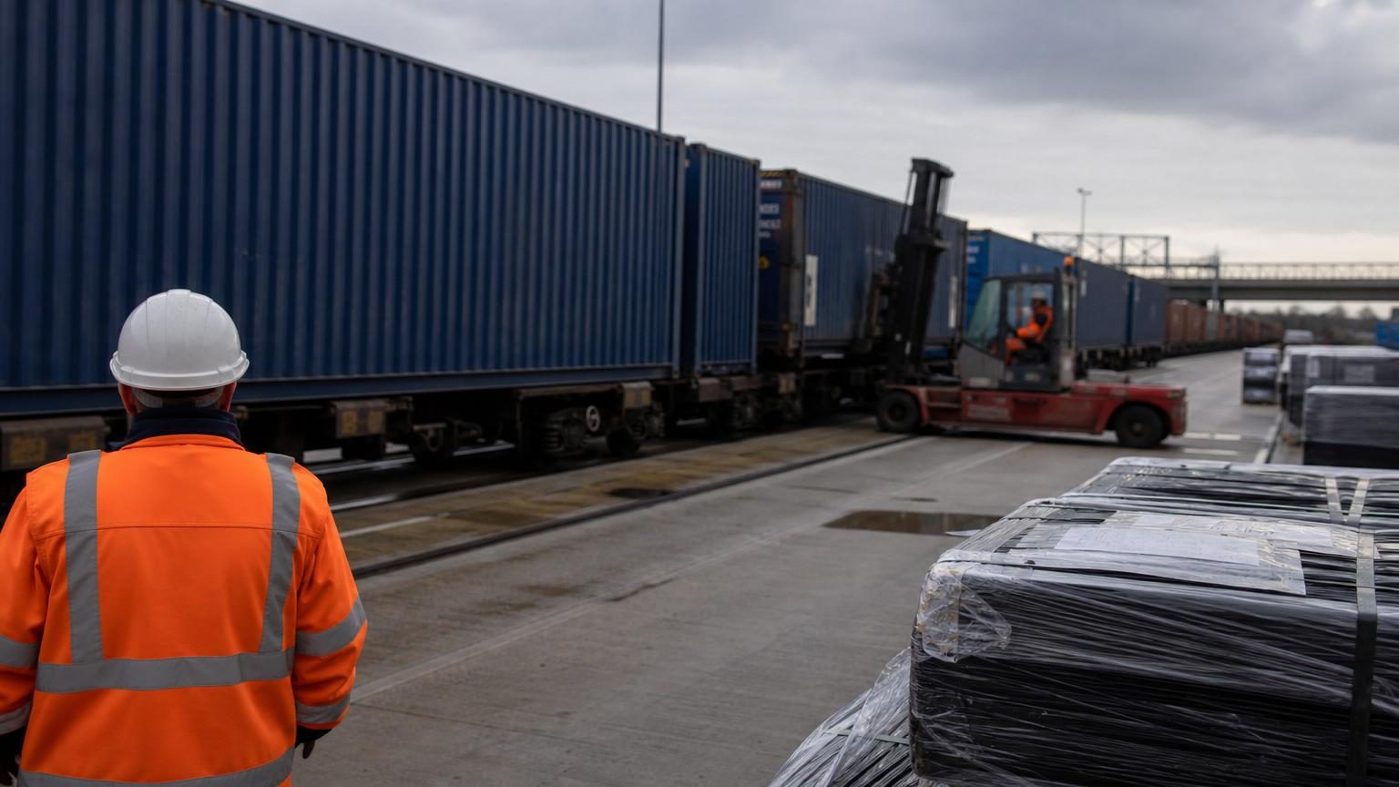Modern freight trains at Barking Eurohub rail terminal