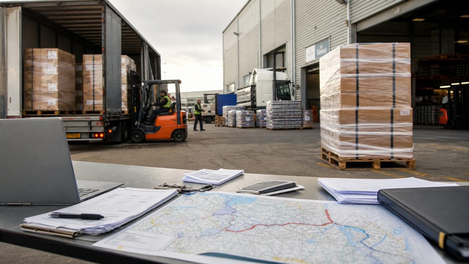 Freight trucks loaded with goods for groupage and full load road transport