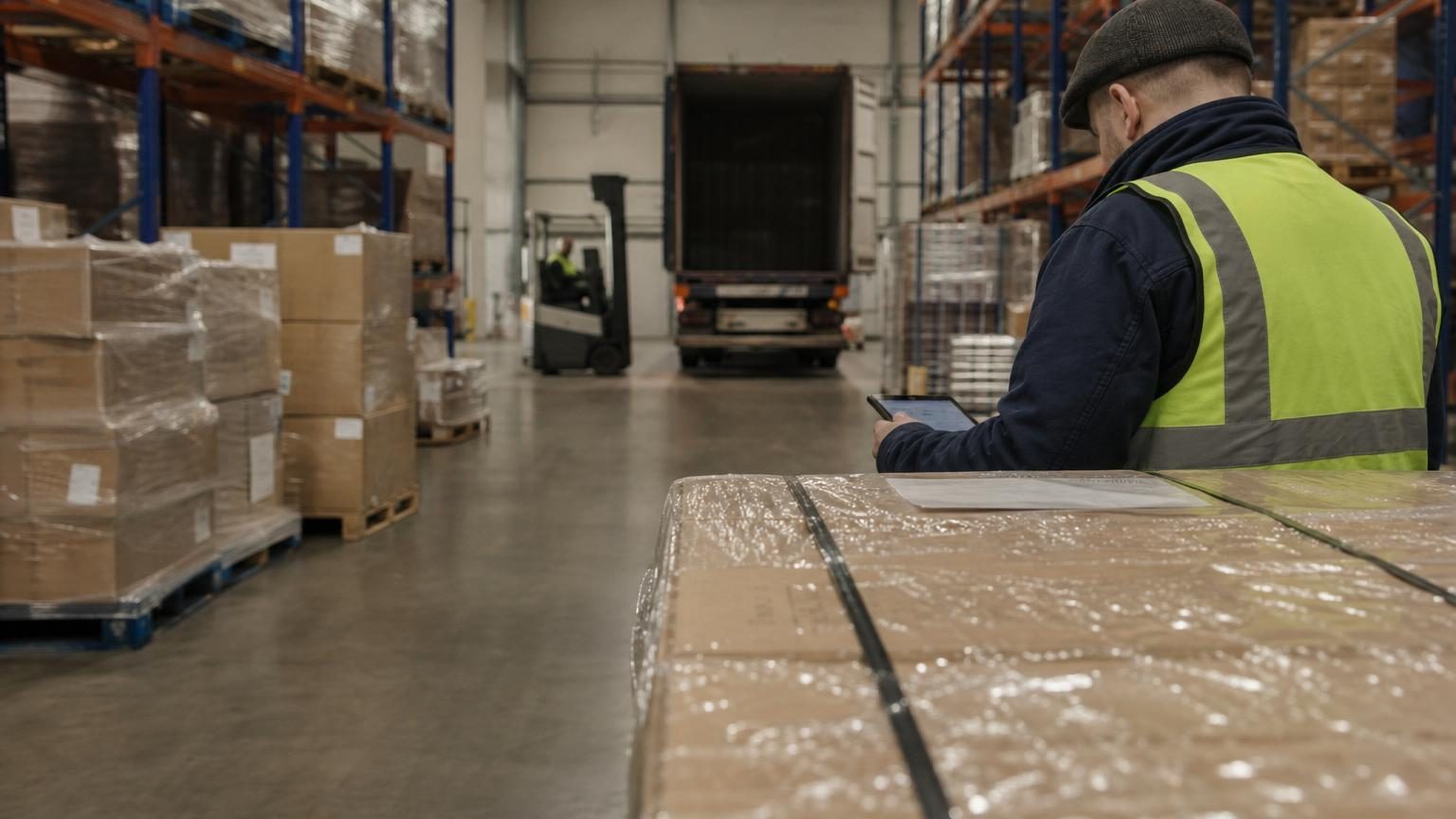 Warehouse with pallets and import goods stored neatly on racks