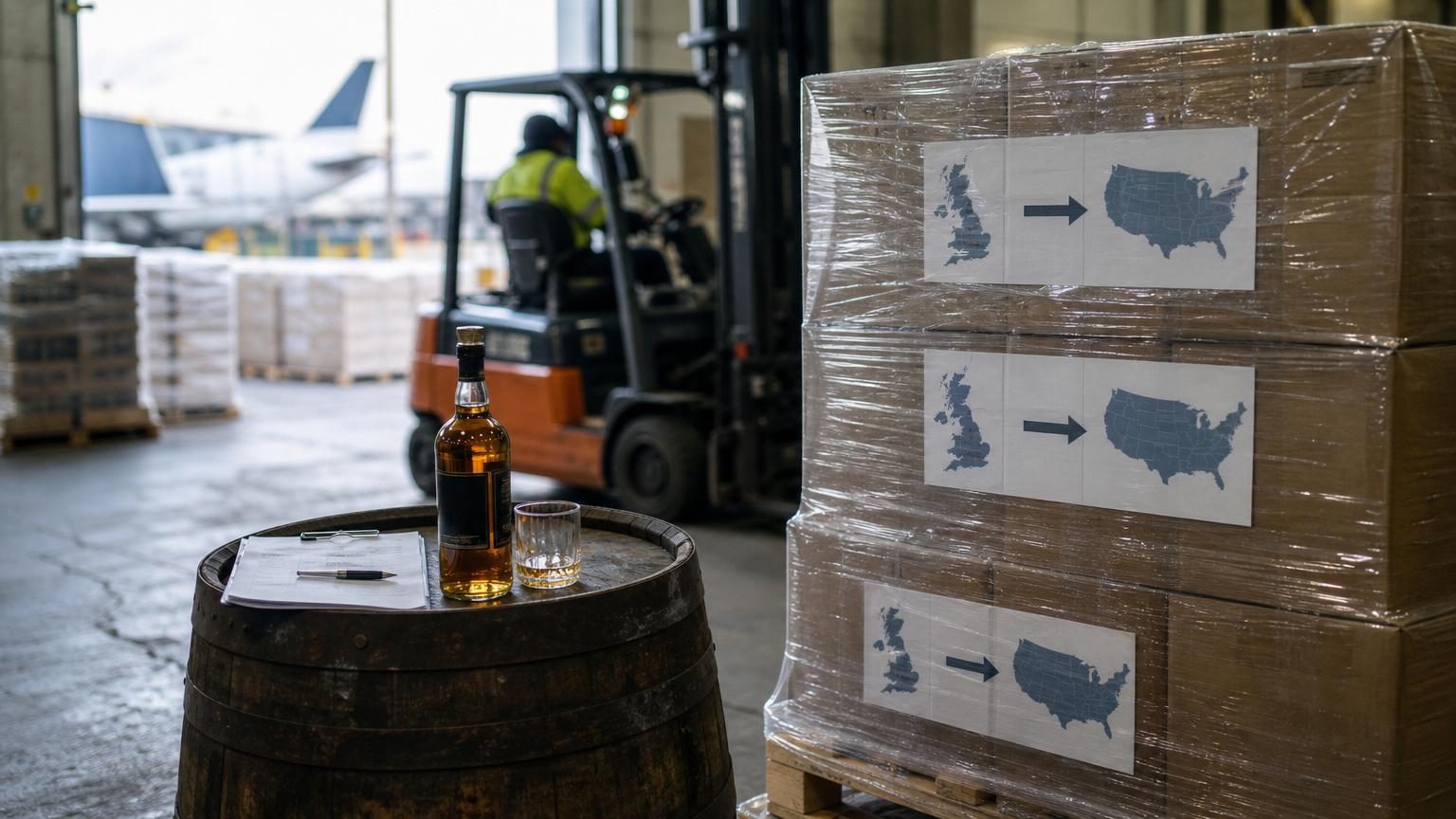 Shipping containers loaded for export with Scotch whisky barrels