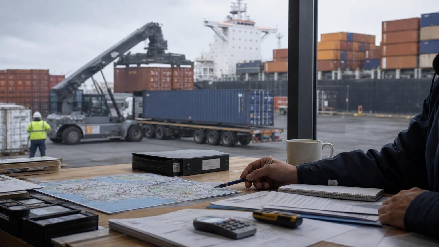 Cargo containers being loaded onto a sea freight ship at a busy UK port
