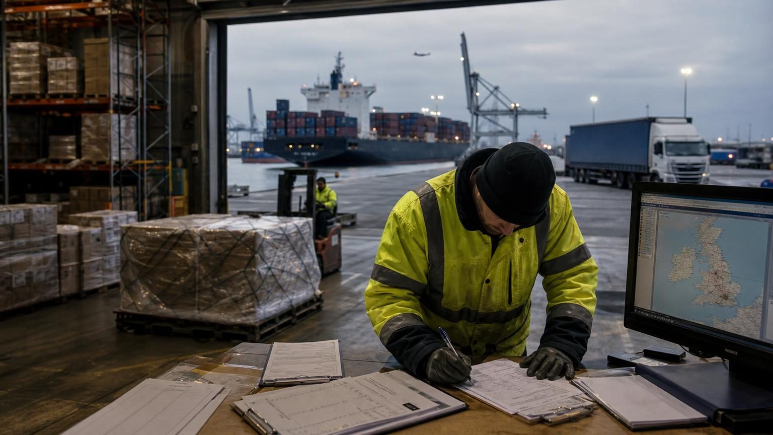 Warehouse workers managing freight shipments in a UK logistics centre