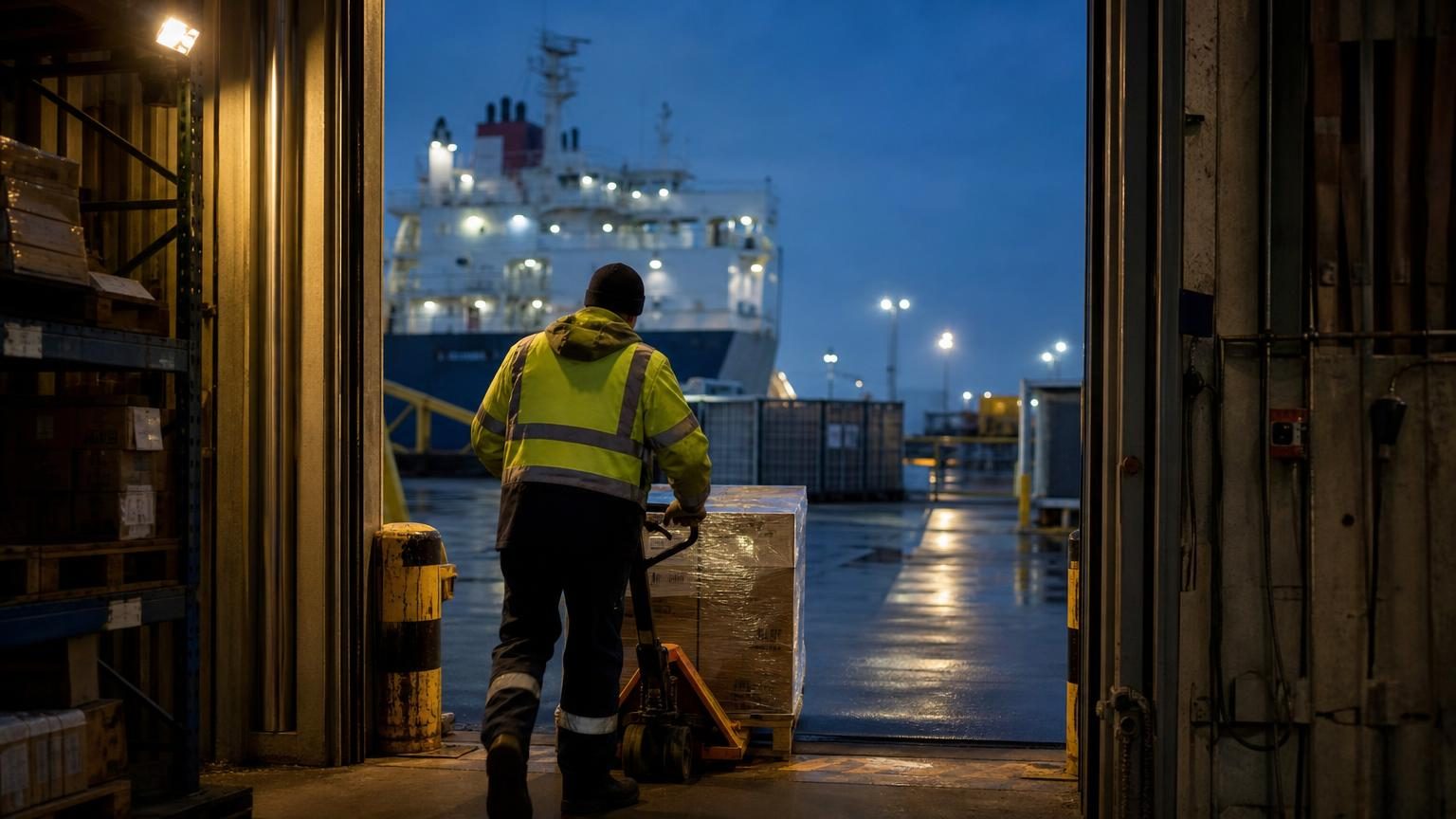 Cargo ship unloading containers at UK port