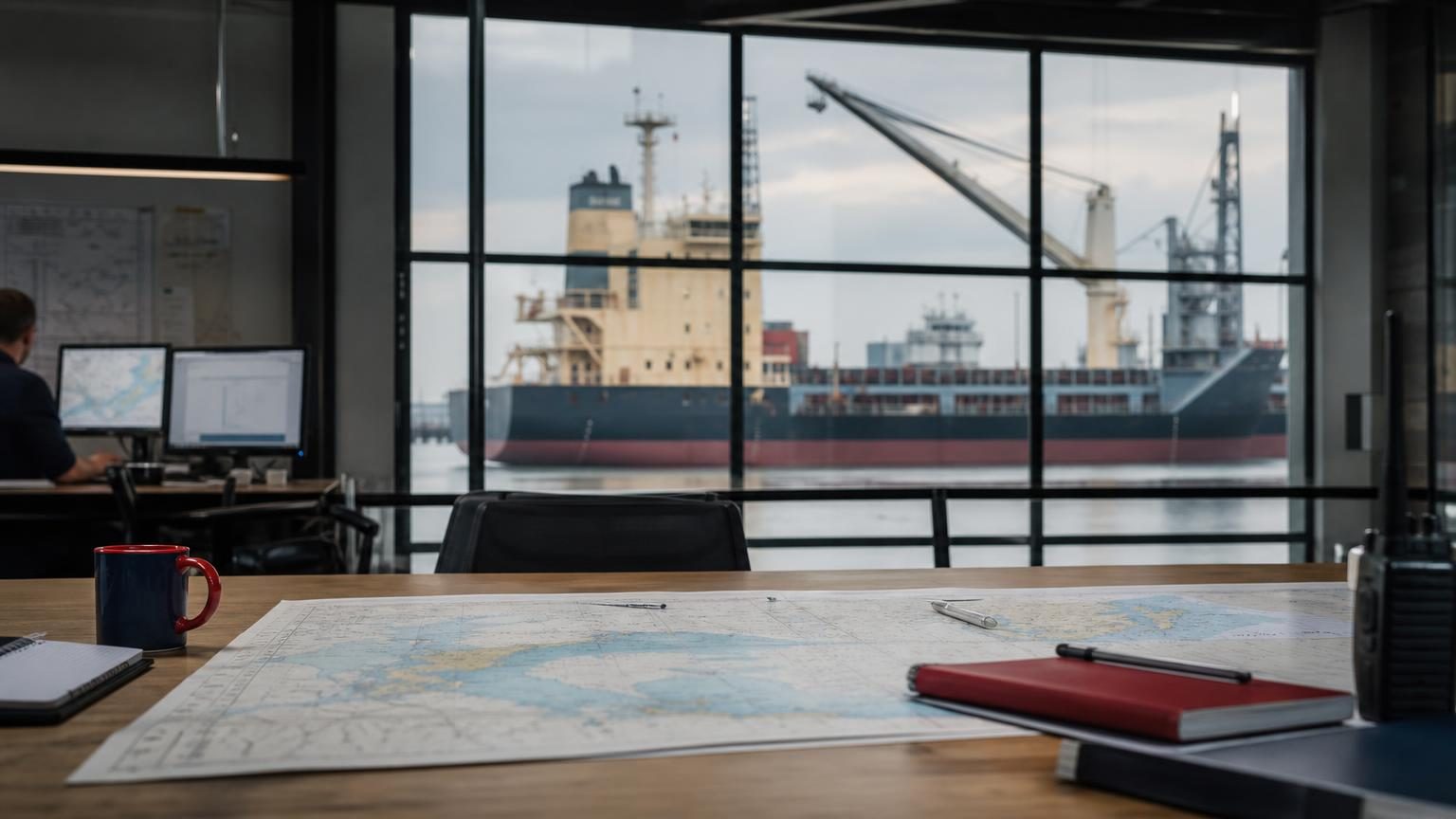 Cargo vessel at sea with a warning symbol indicating piracy risk near Somalia