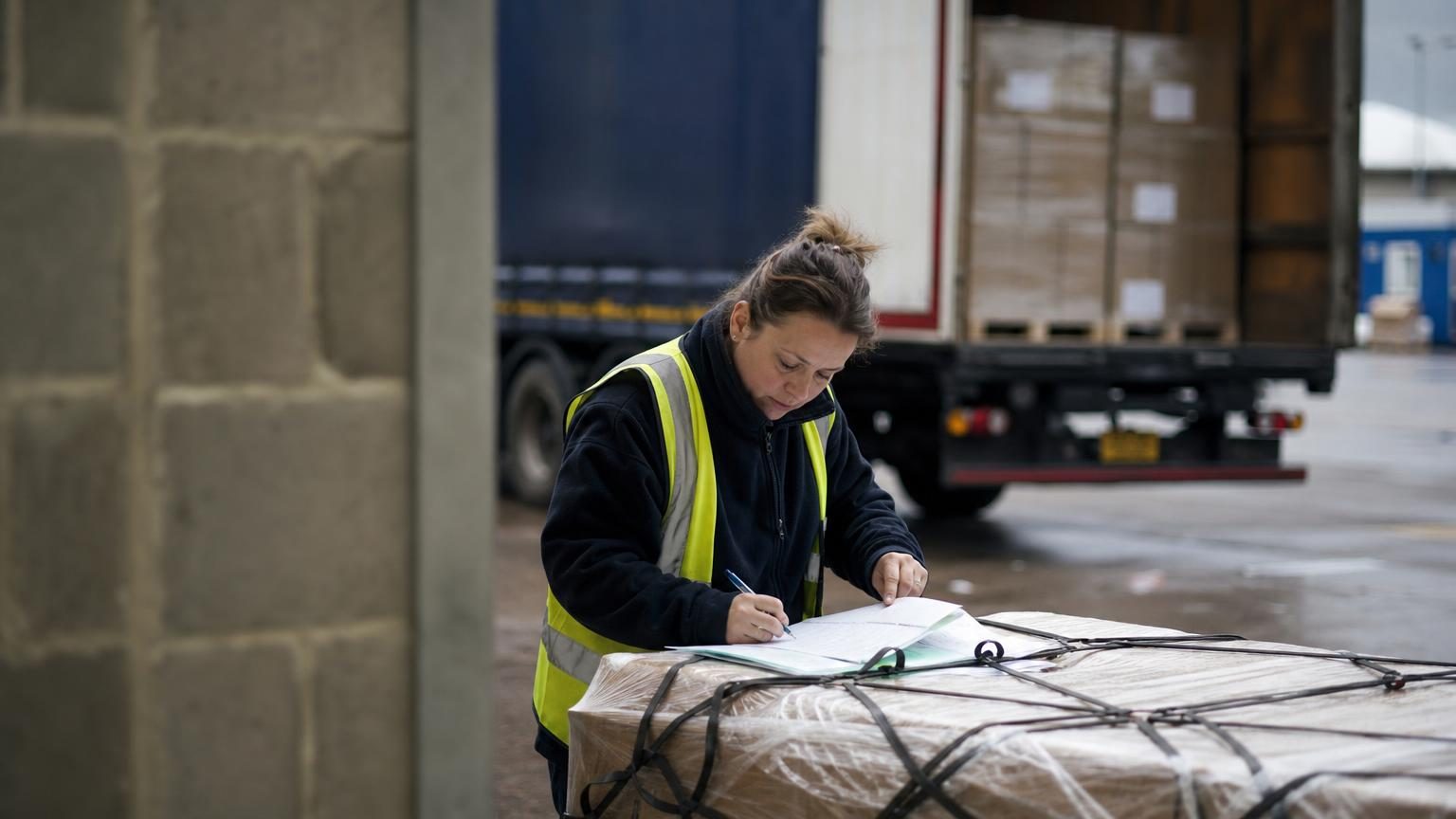 Customs paperwork and commodity code list on a clipboard