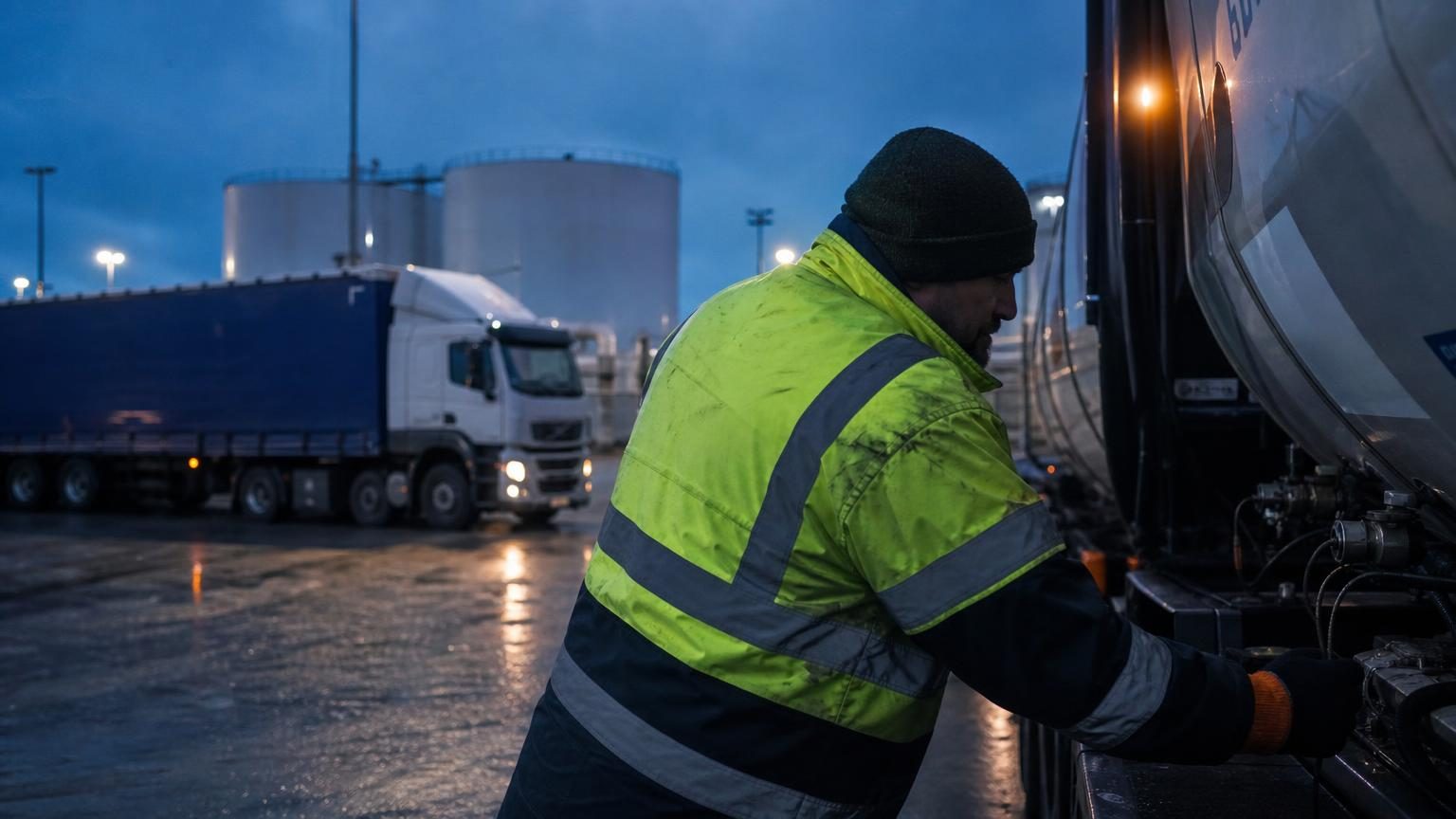 Freight trucks at a UK port affected by rising oil costs