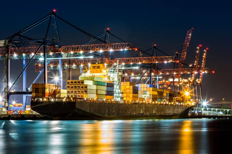 Ship loaded in New York container terminal stock