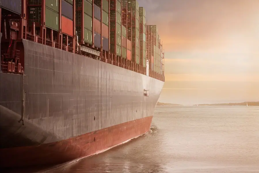 In this image, a ship stocked up with cargo containers is sailing through the ocean.